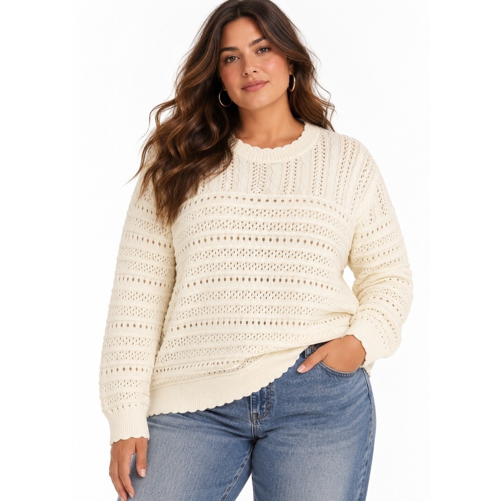 Market & Spruce Marina White Crochet Long Sleeve Sweater 2X New